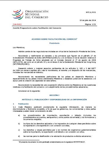 Portada de ACUERDO SOBRE FACILITACIÓN DEL COMERCIO